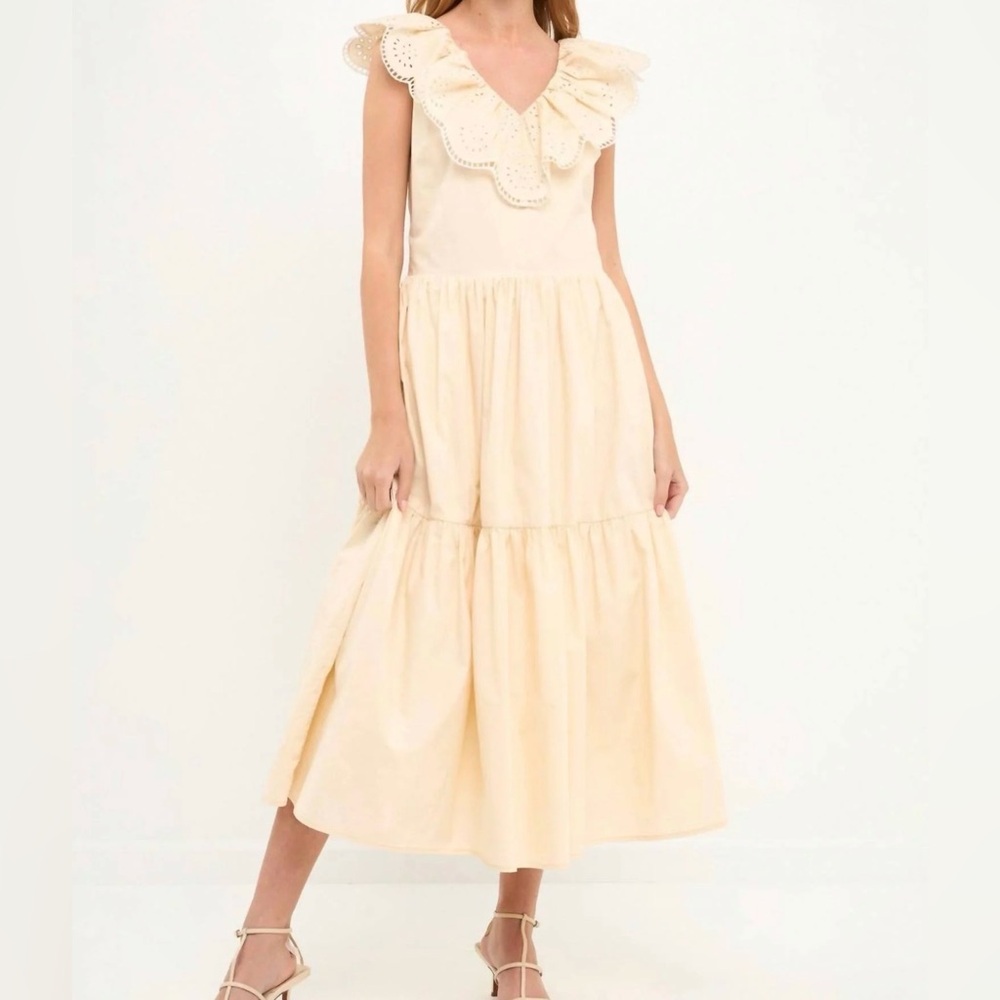 English Factory On The Other Hand Cream Ruffle v neck sleeveless midi Dress NWT